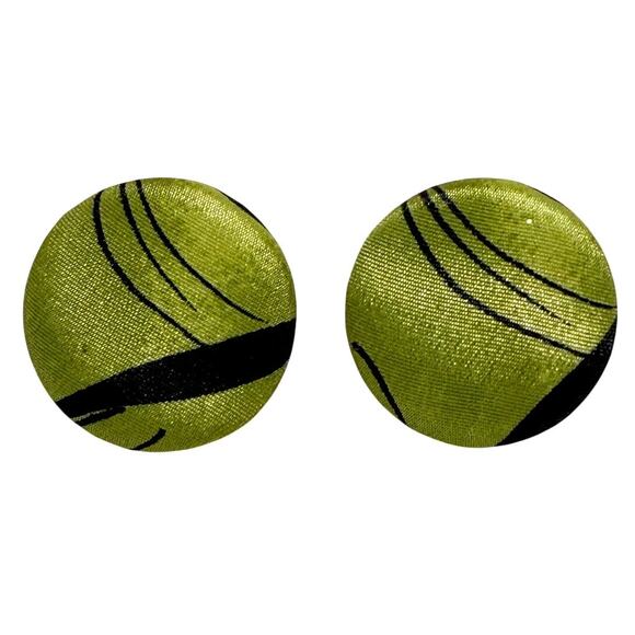 Green Cloth Clip On Earrings with Black Stripes 1980s Fabric Style Vintage - Picture 1 of 4